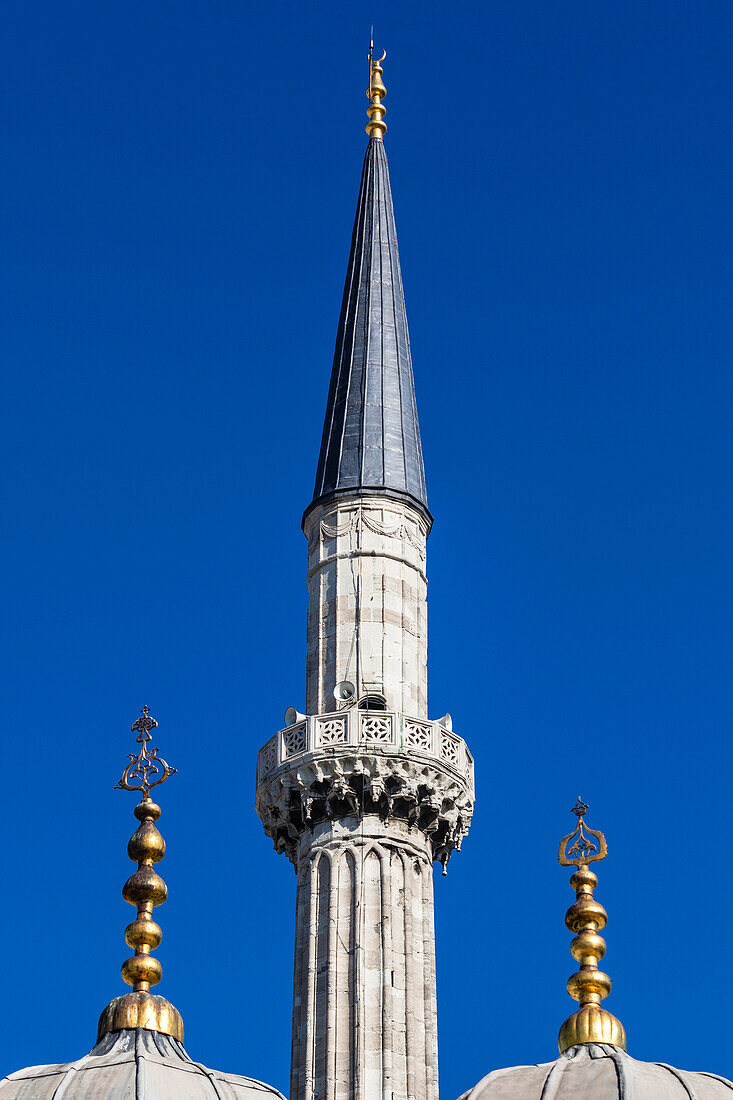 Minaret of the Hagia Sophia in front of the blue sky, Istanbul, Turkey