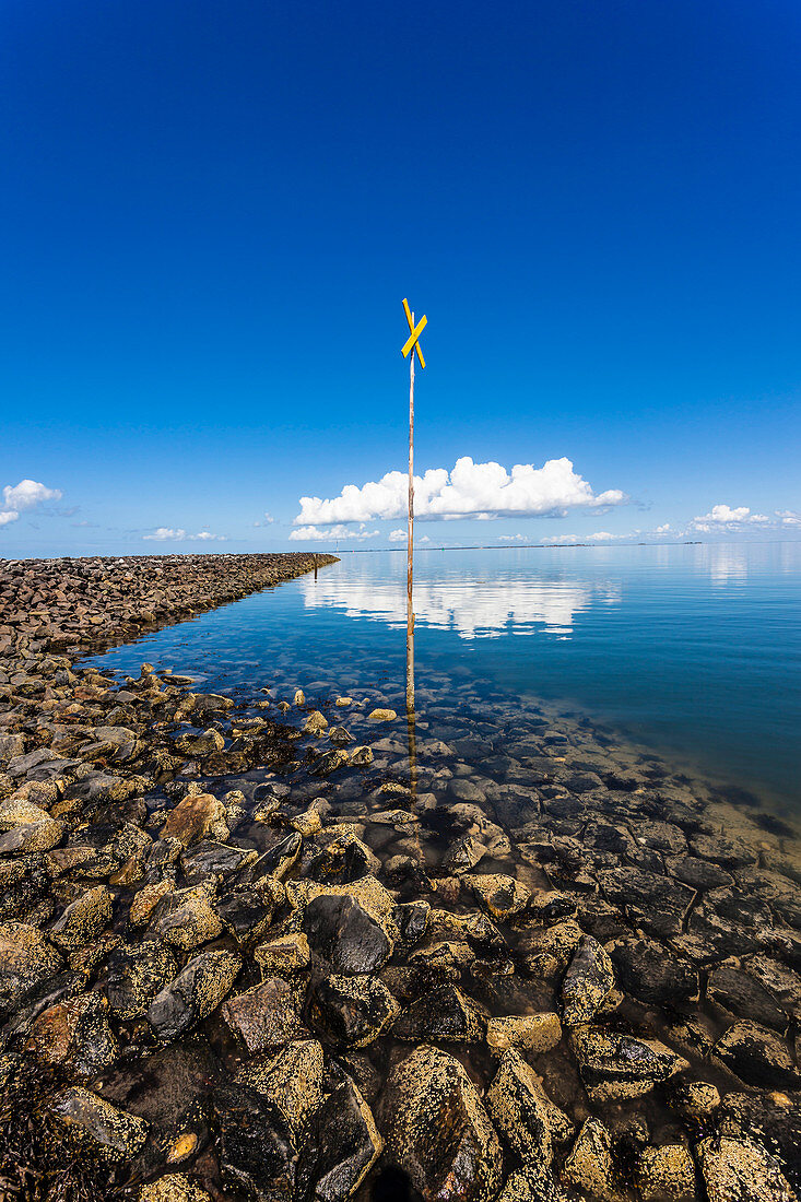 Sea sign and protection of shore, Hallig Hooge, Schleswig Holstein, Germany