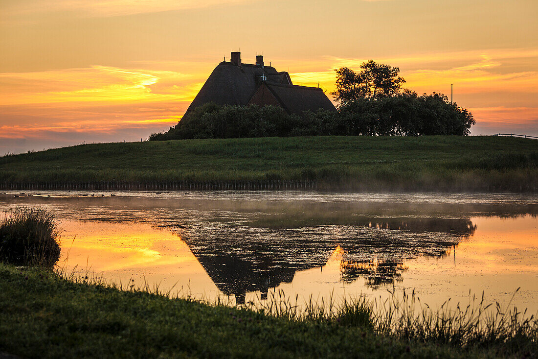 Die Kirchwarft während Sonnenaufgang, Hallig Hooge, Schleswig Holstein, Deutschland