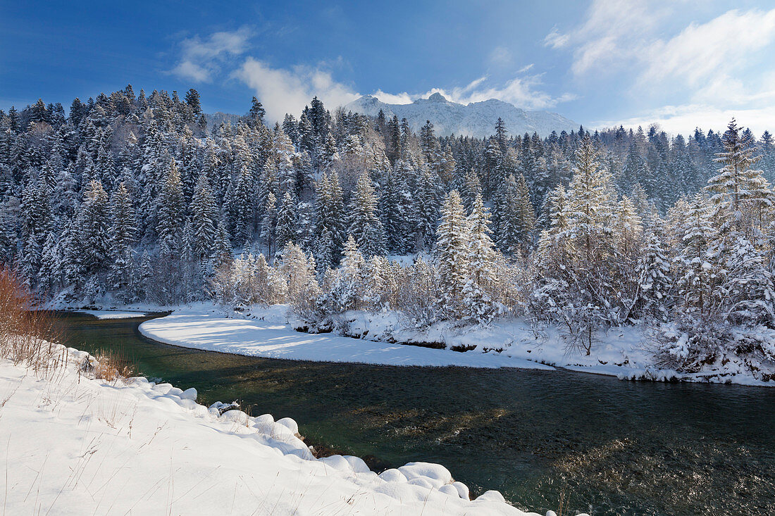 View over the Isar river to the Soiern range, near Kruen, Bavaria, Germany