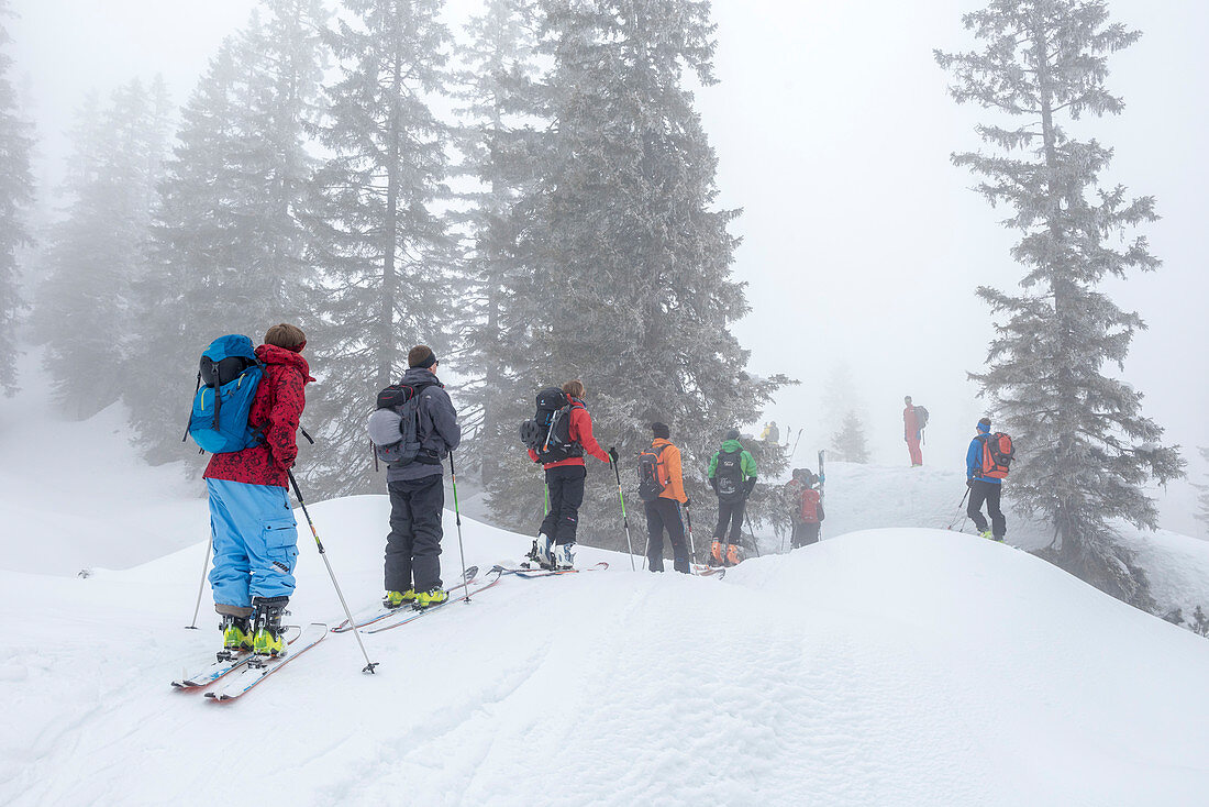 Group of touring skiers in alpine terrain in low light conditions, whiteout and fog - Germany Oberallgäu Oberstdorf