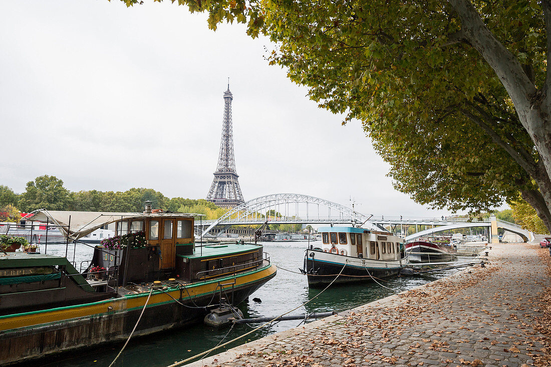 View over the river Seine towards the Eiffel Tower, house boats, Paris, Ile-de-France, France