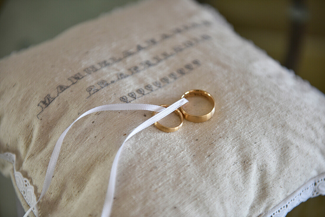Wedding rings on pillow in  Vale do Lobo, Algarve, Portugal