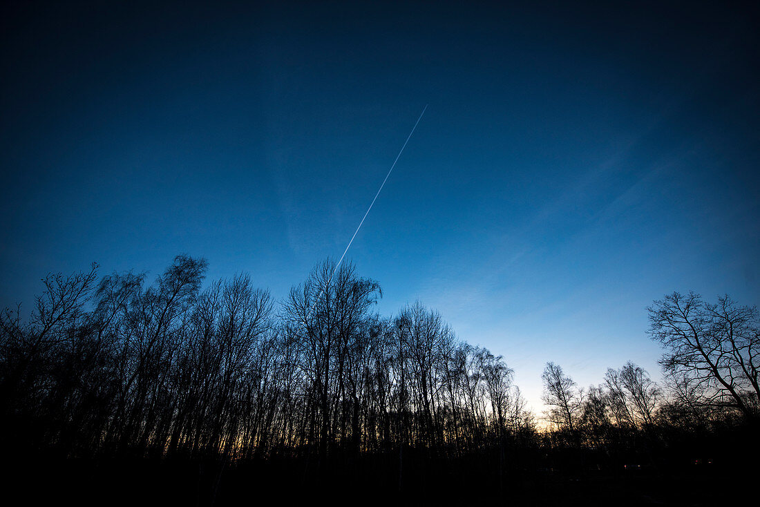 Sonnenuntergang im Winter mit Kondensstreifen in den Boberger Dünen, Hamburg, Deutschland