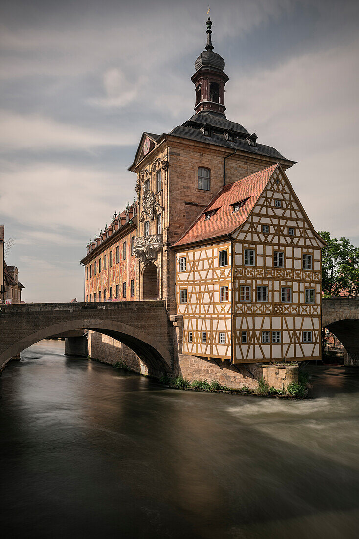 Bamberg's Old Town Hall in the middle of Regnitz river, Bamberg, Frankonia Region, Bavaria, Germany, UNESCO World Heritage long time exposure