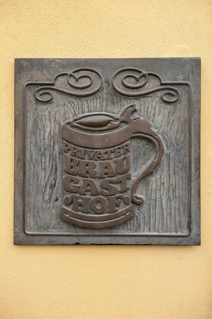 sign showing a beer mug consisting of typography telling you that this is a private guesthouse brewing their own beer, Bamberg, Frankonia Region, Bavaria, Germany, UNESCO World Heritage