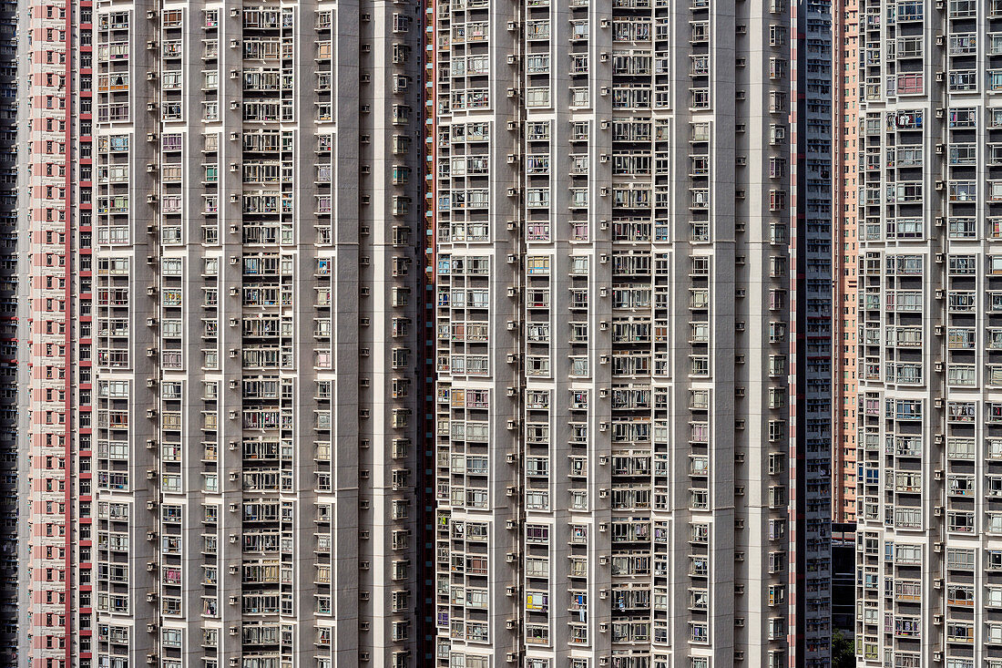 Detail von sozialem Wohnungsbau in der Satelittenstadt Tin Shu Wai, New Territories, Hongkong, China, Asien