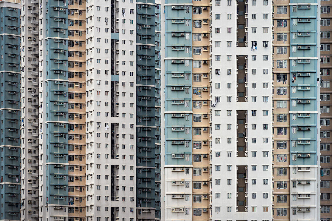 Detail von sozialem Wohnungsbau in der Satelittenstadt Tin Shu Wai, New Territories, Hongkong, China, Asien