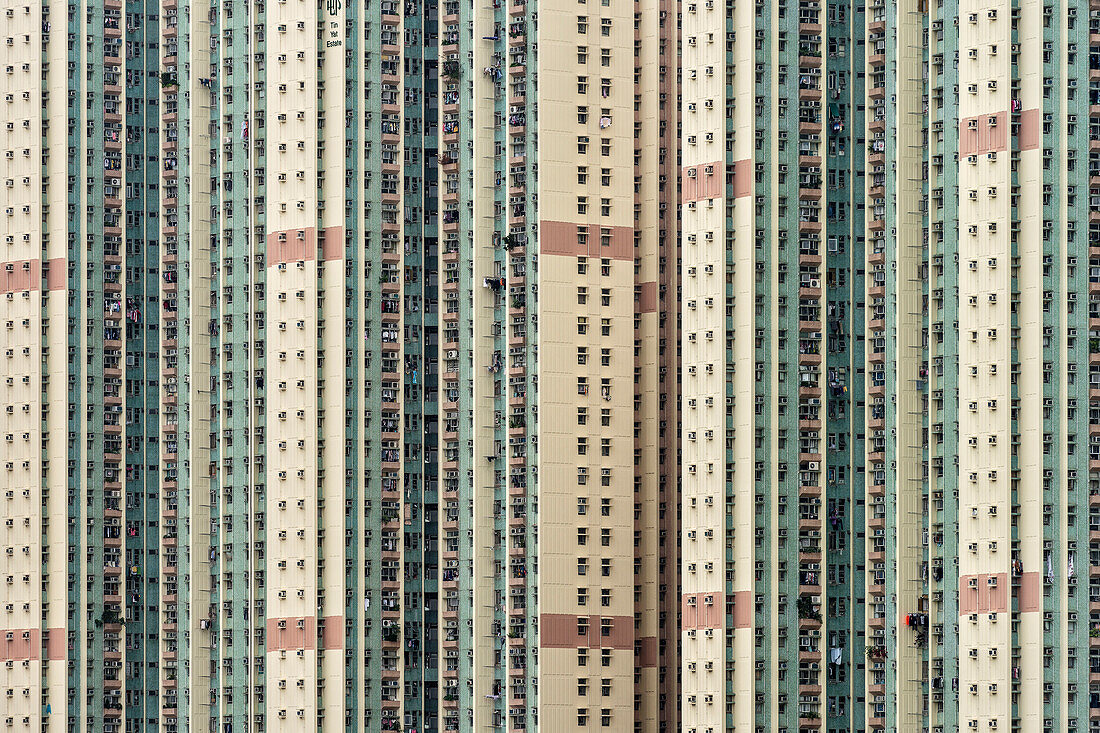 Detail von sozialem Wohnungsbau in der Satelittenstadt Tin Shu Wai, New Territories, Hongkong, China, Asien