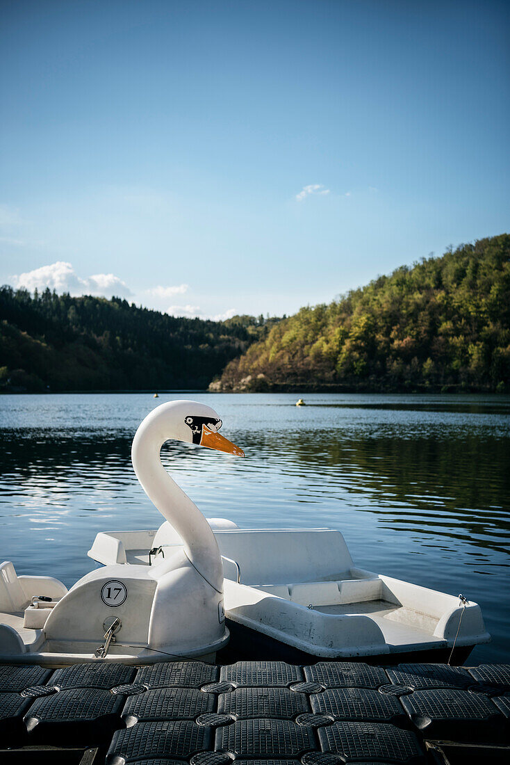 paddleboat looks like a swan, Lake Eder, National Park Kellerwald-Edersee, Hesse, Germany