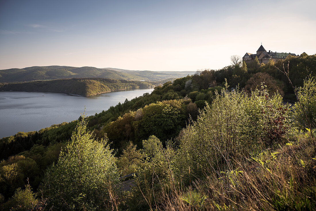 view at Waldeck fortress with Lake Eder in background, National Park Kellerwald-Edersee, Hesse, Germany
