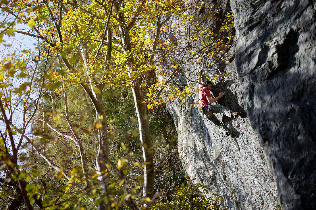 Young man climbing at a rock face, Schwaerzer Wand, Bavaria, Germany