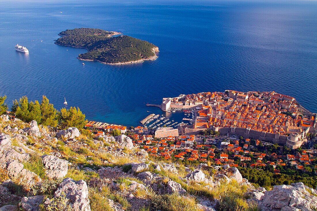 Old town Dubrovnik and Lokrum Island viewed from Srd Hill, Dubrovnik, Dalmatian Coast, Croatia.