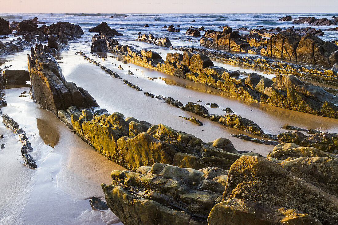Barrika beach at sunset. Biscay, Basque Country, Spain.