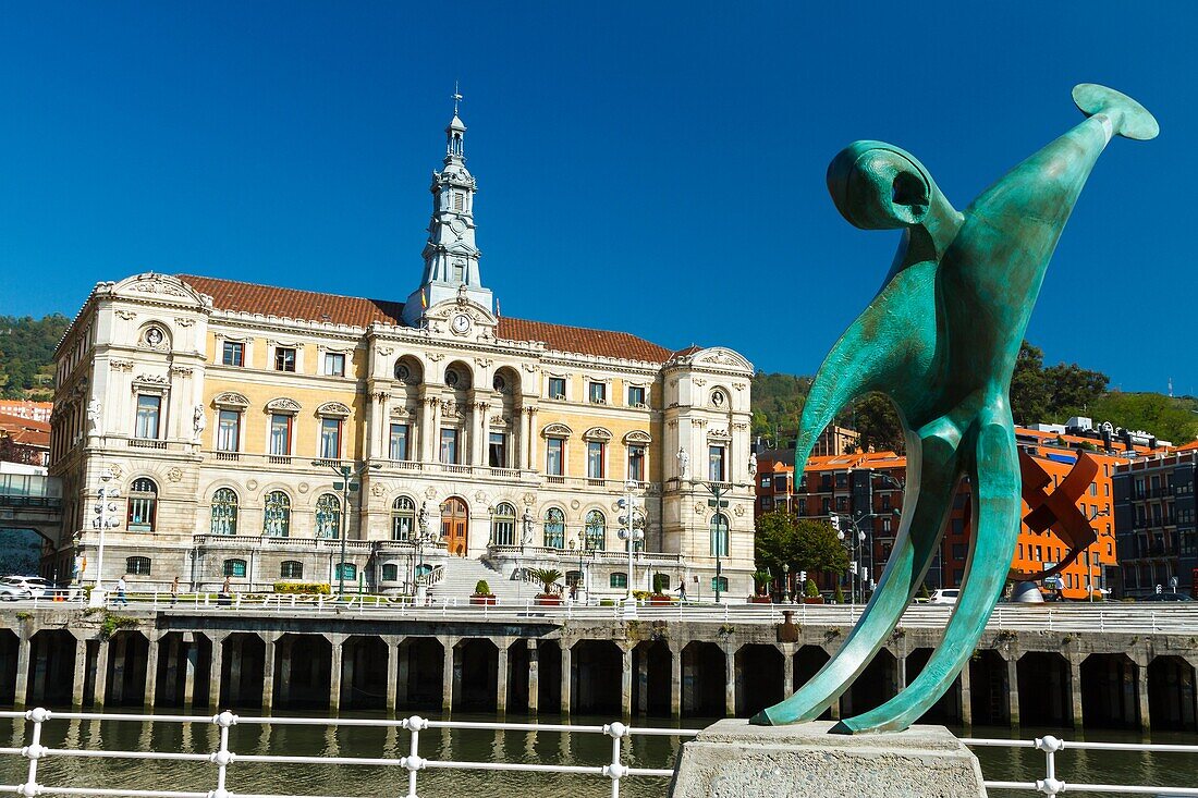 City Hall and sculpture. Bilbao. Biscay, Spain, Europe.