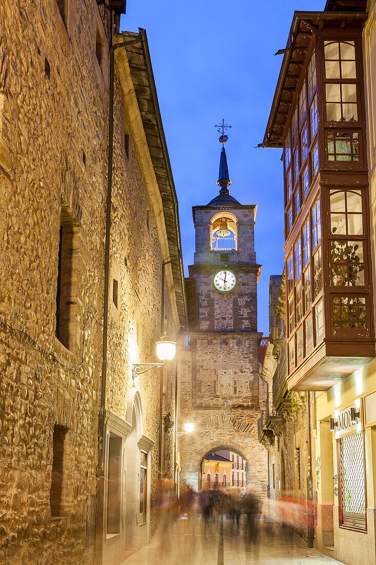 Clock tower in Ancha street, Ponferrada, Way of St. James, Leon, Spain.