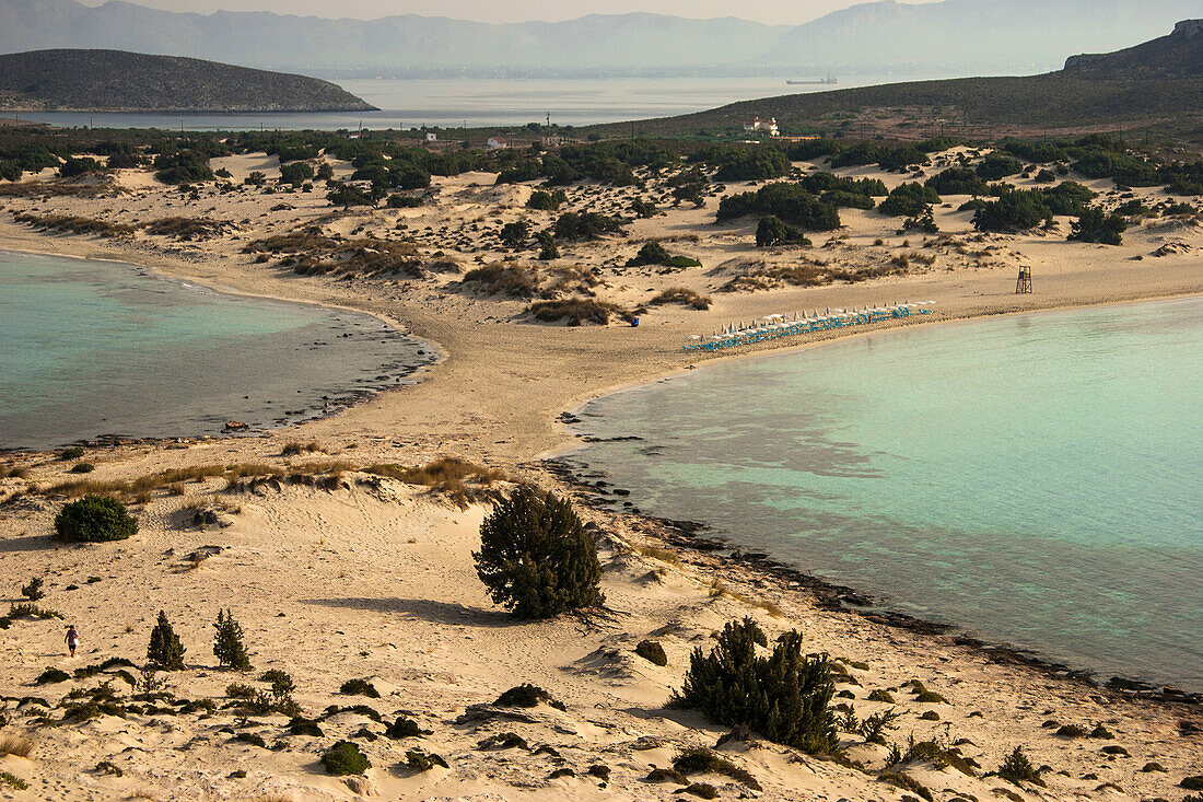 Simos beach (Fragos & Sarakiniko) at Elafonisos island. Sand dunes at Elafonisos island host a dynamic and sensitive flora ecosystem. The region of Elafonisos is in the European Natura 2000 network of protected areas. Laconia, Peloponnese.
