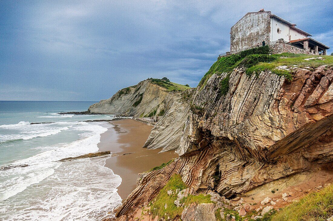 Spain, Basque Country, Guipuzcoa, Zumaia, San Telmo and flysch rock formation