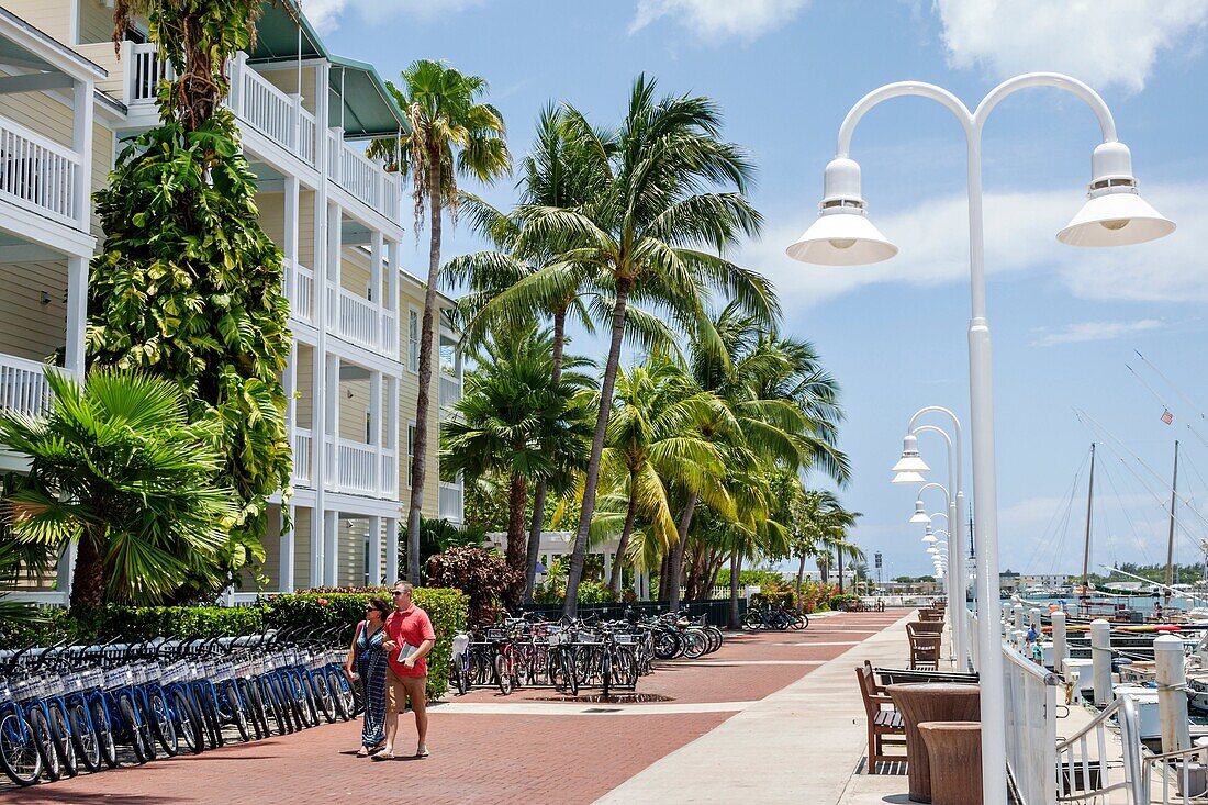 Florida, Key West, Hyatt Sunset Harbor, harbour, balconies, rental bikes, bicycles, rack, man, woman, couple, waterfront, promenade, Gulf of Mexico.