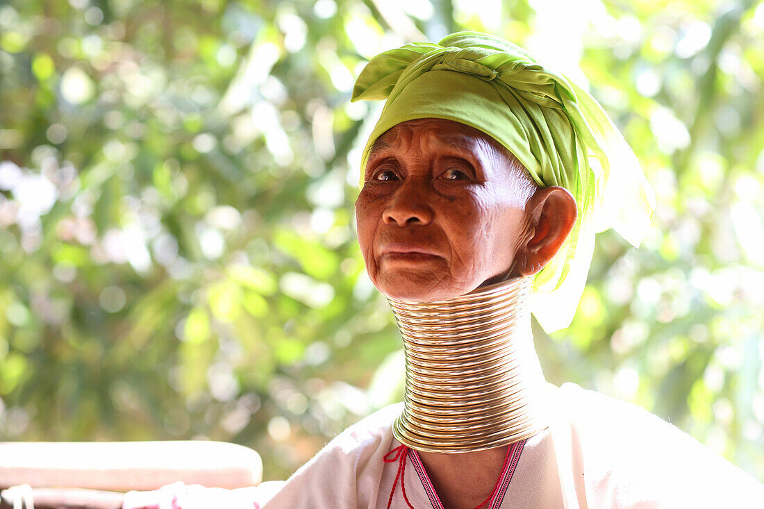 Portrait of Longneck Karen woman, Mae Hong Son, Thailand, Southeast Asia.