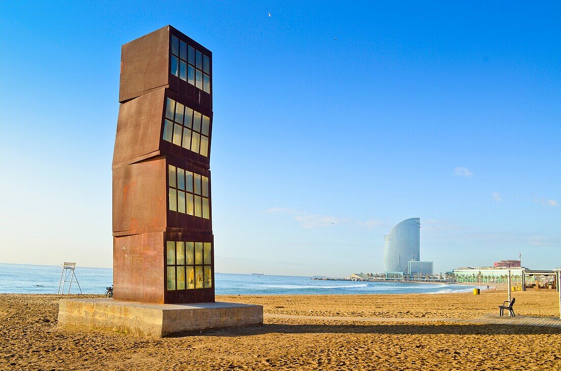 Sculpture ´L´estel ferit´ The wounded star by Rebecca Horn. Barceloneta beach, Barcelona, Catalonia, Spain.