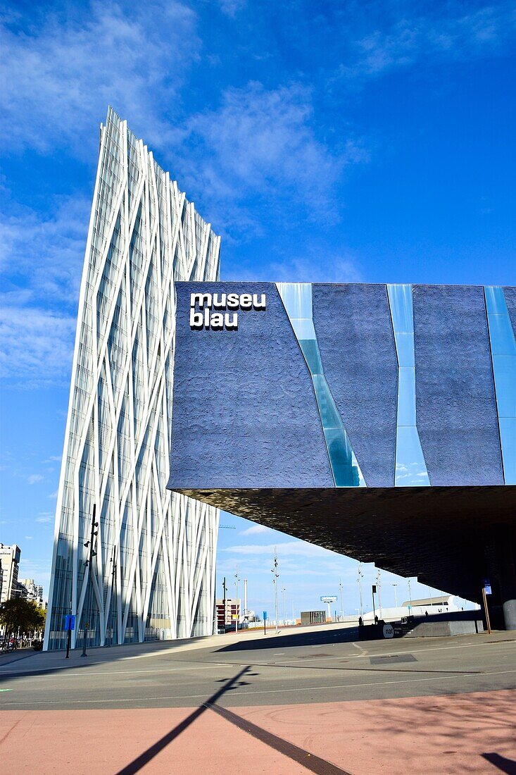 Diagonal Zero Zero Tower designed by the architect Enric Massip, Telefonica Headquarters. Museu Blau, Forum Building. Diagonal Mar district, Barcelona, Catalonia, Spain.