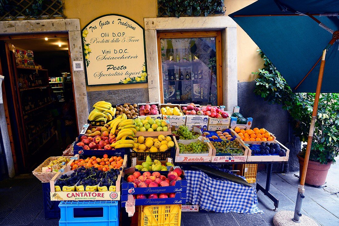 Fruit Market Riomaggiore Cinque Terre Italy Italian Riviera Liguria Europe Ligurian Sea.
