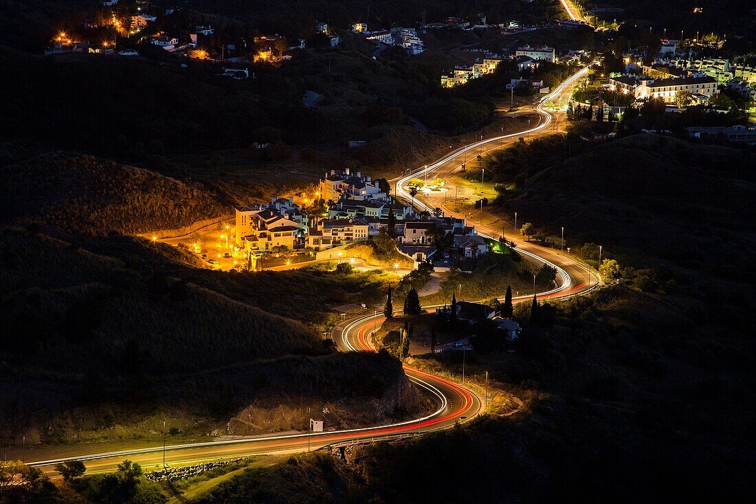 White village (pueblo blanco) at dusk, Mijas, Malaga province, Andalusia, Spain