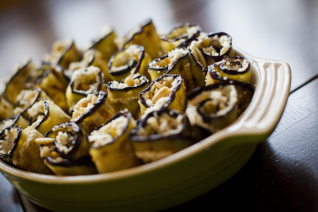 sicilian eggplant roll-ups with ricotta cheese.