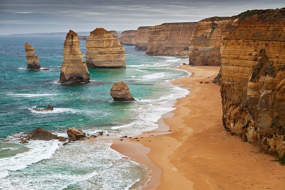 Limestone Sea Stacks of the 12 Apostles and the 12 Apostles National Marine Park, viewed from Port Campbell National Park, Princetown, Victoria, Australia.