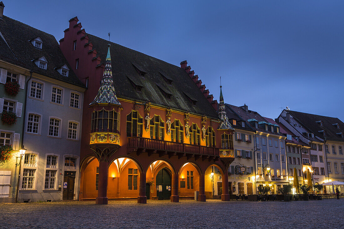 Historic Merchant´s Hall and historic buildings in the city of Freiburg im Breisgau at night, Baden-Wuerttemberg, Germany, Europe