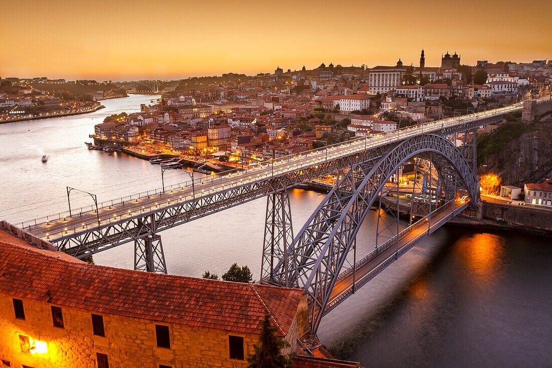 General view of Douro river and city of Oporto al sunset. Porto (Oporto), Portugal.