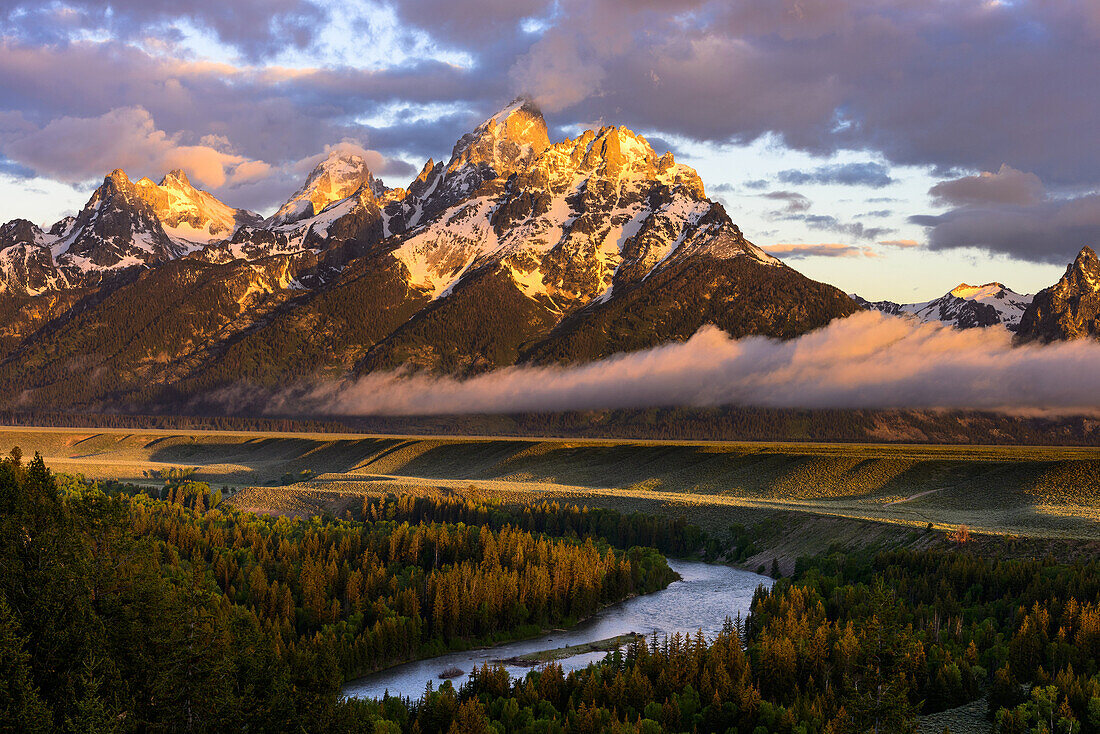 Teton Range from the Snake River Overlook in Grand Teton National Park at sunrise.