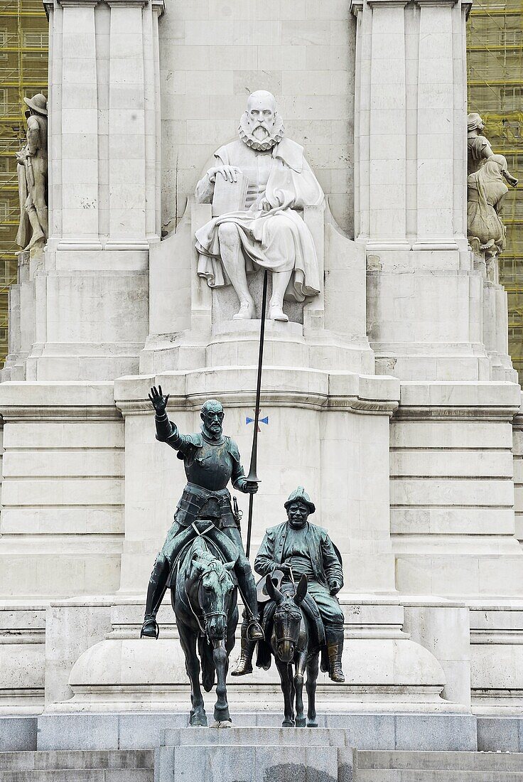 Cervantes monument in the Plaza de Espana, Madrid, Spain.