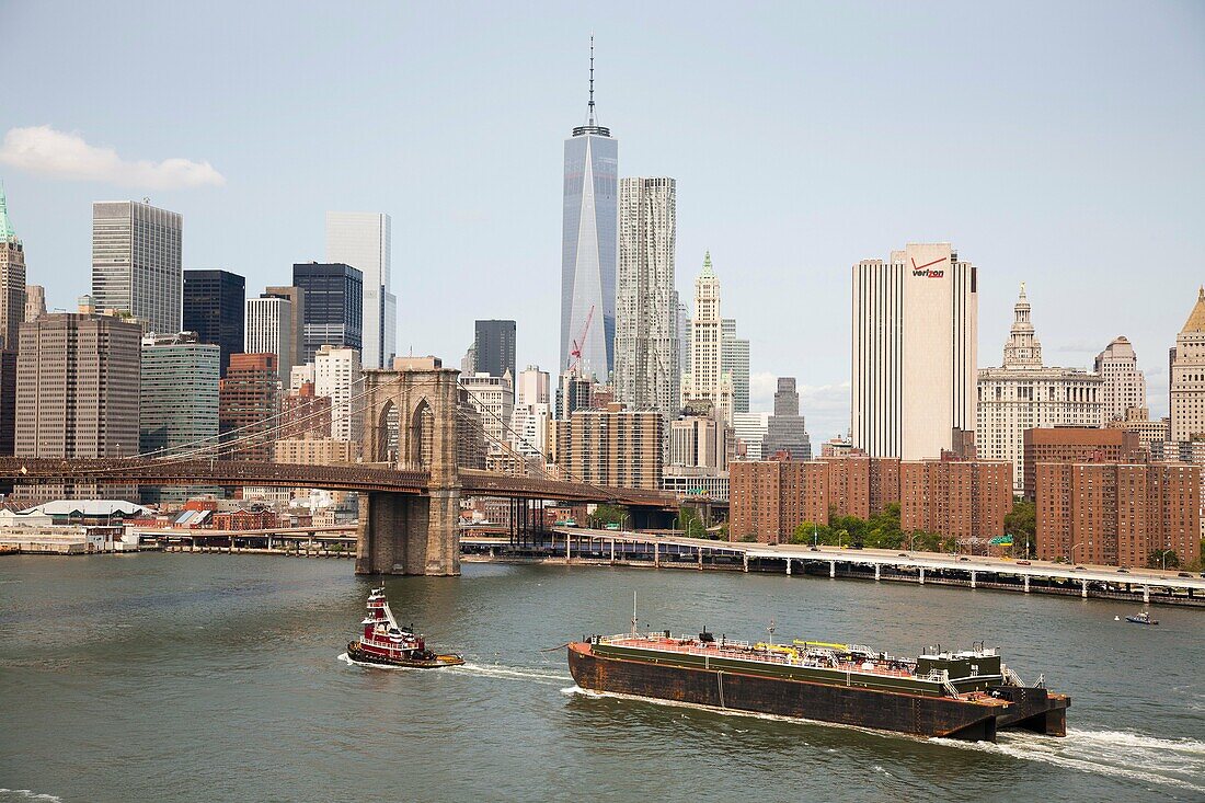 cityscape with Brooklyn bridge and East river, Manhattan, New York, USA, America.