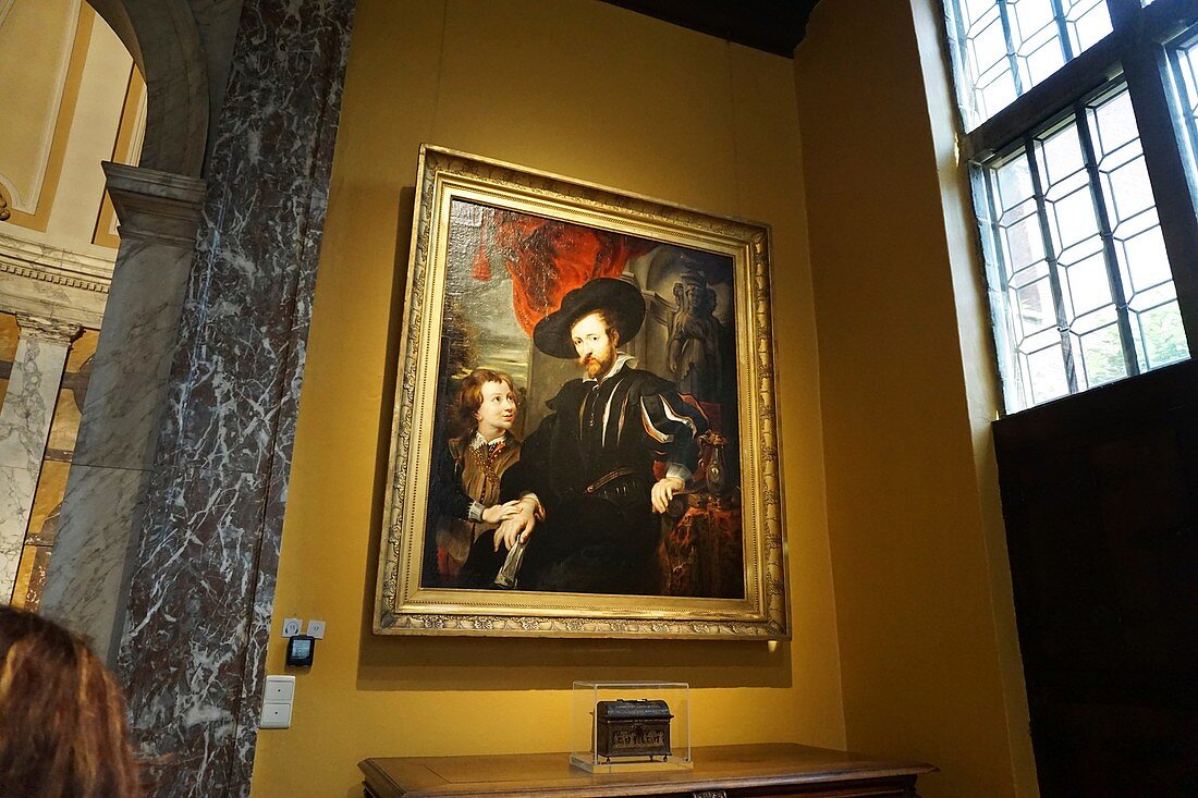 A corner in the Rubens House. The painting is a self-portrait of Peter Paul Rubens with his son Albert. Antwerp, Belgium, Europe.