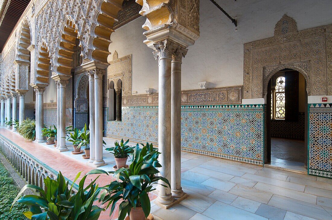Maidens Courtyard in the Reales Alcazares, Seville, Andalucia, Spain.