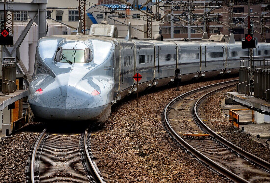 Shinkansen arriving from Okayama to Shin-Osaka train station, Japan.