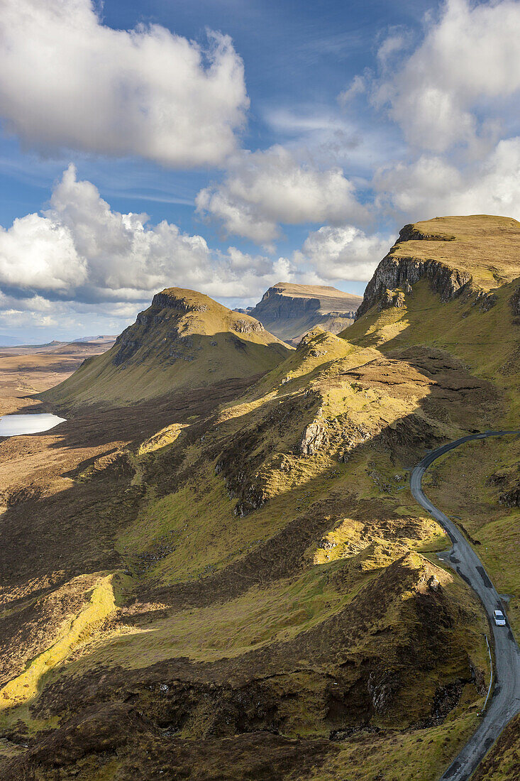 The Quiraing a landslip on the eastern face of Meall na Suiramach, A view over Loch Leum na Luirginn and Loch Cleat, northeast coast of Trotternish Peninsula, Isle of Skye, Inner Hebrides, Scotland, United Kingdom, Europe.