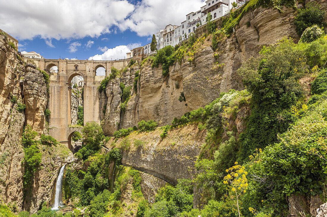The Puente Nuevo bridge over Guadalevín River in El Tajo gorge, Ronda, Malaga province, Andalusia, Spain, Europe.