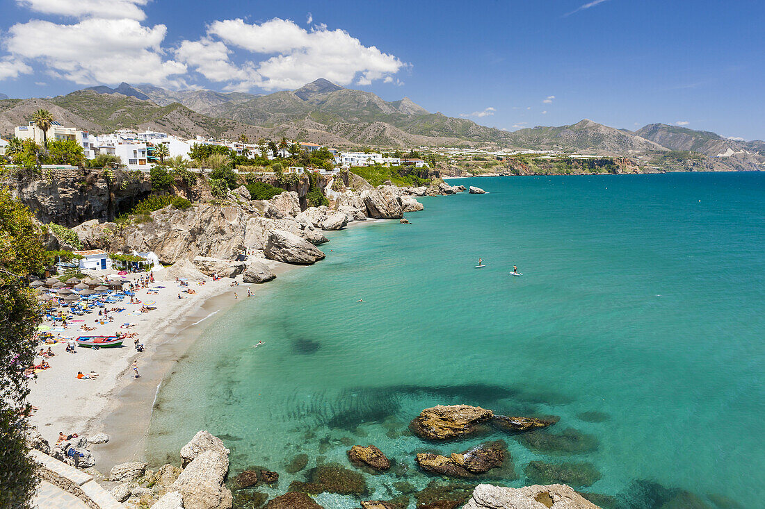 View of Playa Calahonda from the Balcon de Europa (Balcony of Europe), Nerja, Costa del Sol, Malaga province, Andalusia, Spain, Europe.