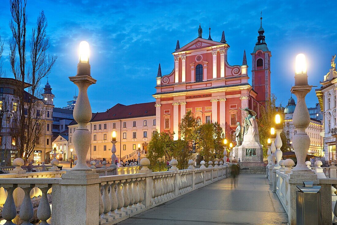 Ljubljana, evening view at Franciscan Church, Slovenia.