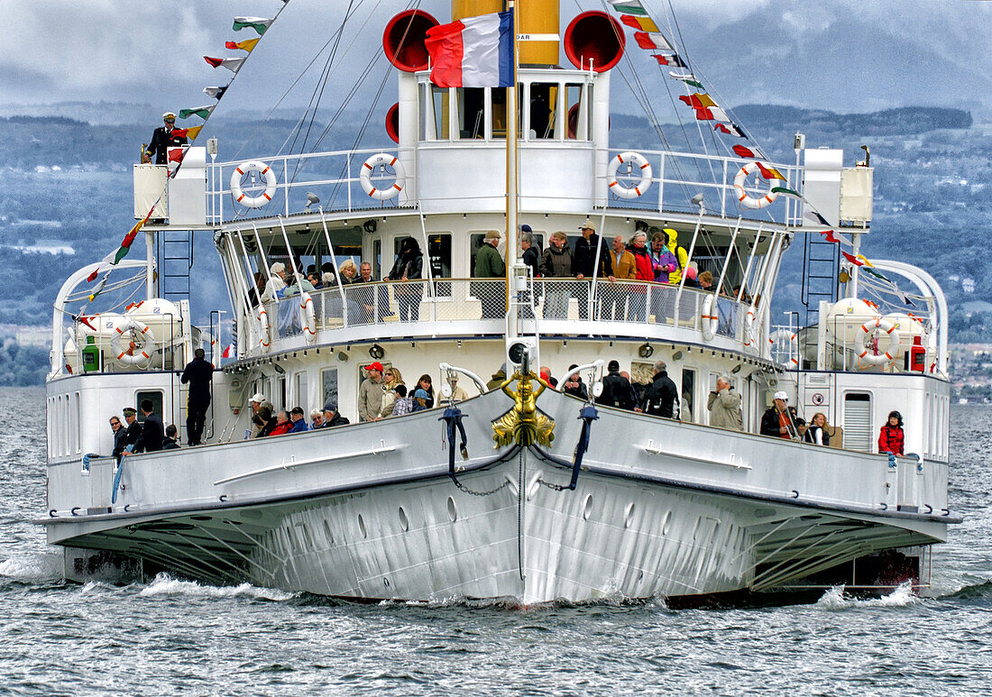front view of steamboat, regular cruise, Geneva Lake, Switzerland.