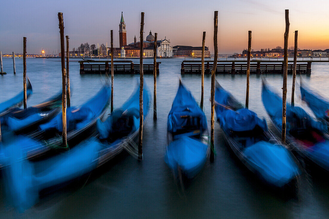 Gondolas Moored Near St Marks Square, Venice, Italy.