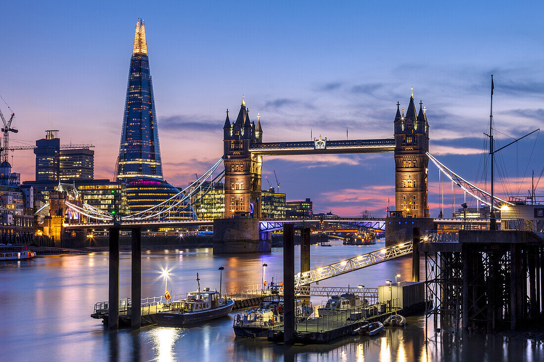 Tower Bridge, The Shard and River Thames, London, England.