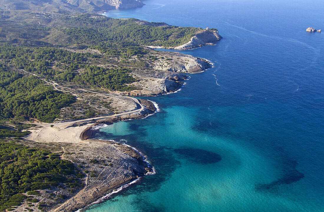 Aerial view of Cala Torta, Cala Mitjana, Cala Estreta and Cala es Matzoc, North Island, Mallorca, Balearic Island, Spain.