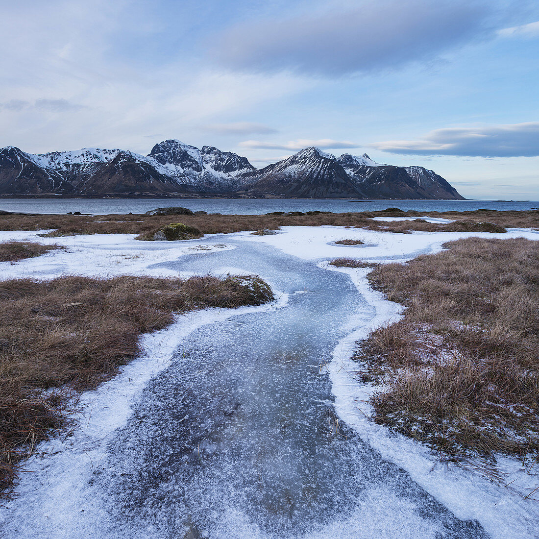 Frozen moorland in winter, Grundstad, Vestvågøy, Lofoten Islands, Norway.