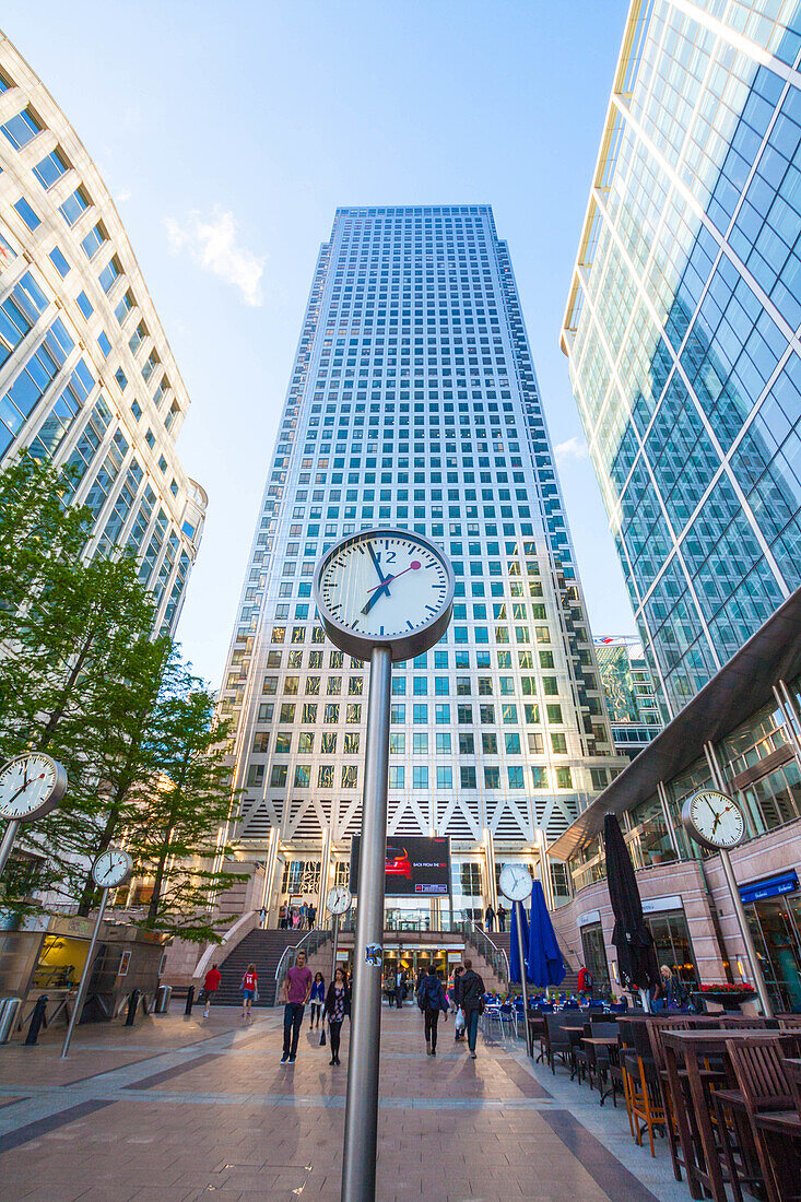 Modern architecture, Clock, Canary Warf, Docklands, London, England.