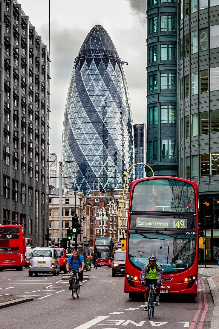 A View Of 30 St Mary Axe (The Gherkin) From Outside Liverpool Street Station, London, England.