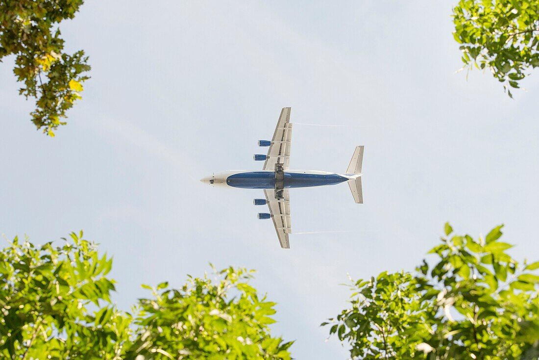 Flying airplane, blue sky and trees. Conceptual image of travel and the environment.